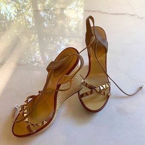 AQUAZZURA STUDDED WEDGE SANDALS, SIZE 7.5